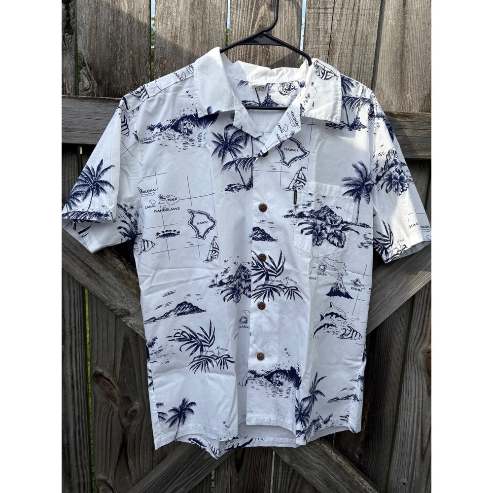Palmwave Hawaii Mens White Navy Map Print‎ Cotton Button Down Shirt M C90-A290